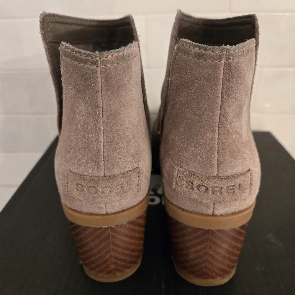 Sorel Cate Cut-Out Bootie Ankle Boot Block Heel Waterproof Leather Gray Beige 7 - Picture 6 of 8